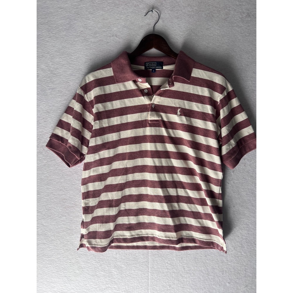 Polo Ralph Lauren Mens Large Burgundy White Striped Pique Short Sleeve Polo